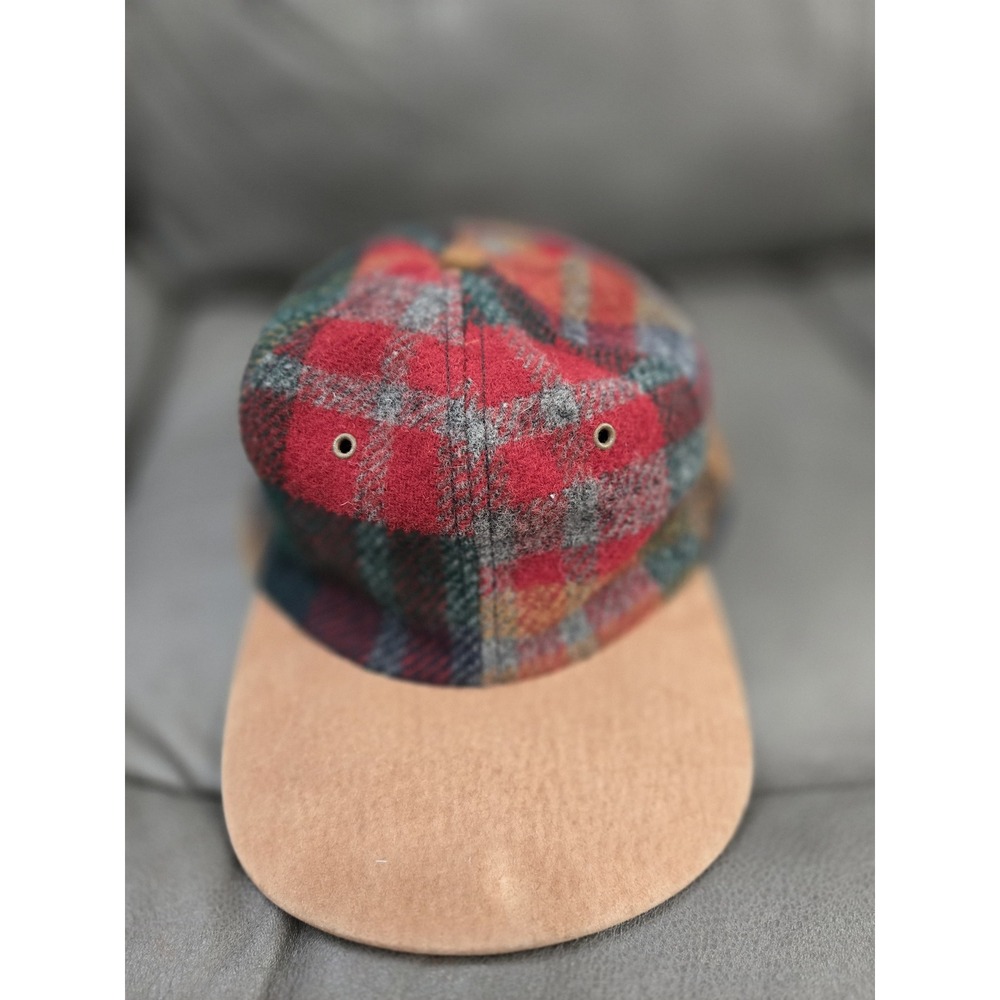 American Eagle Plaid Wool Blend Hat Genuine Suede Brim Red Green Tan Strapback